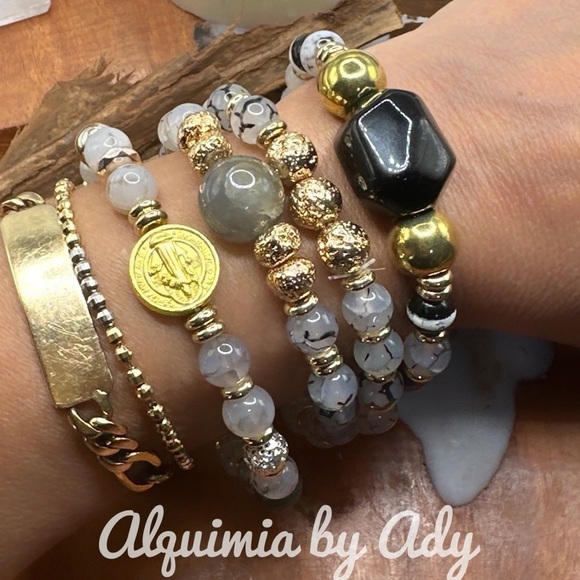 8mm rutilated Quartz rutile beaded bracelet gold chunky labradorite - Picture 2 of 2